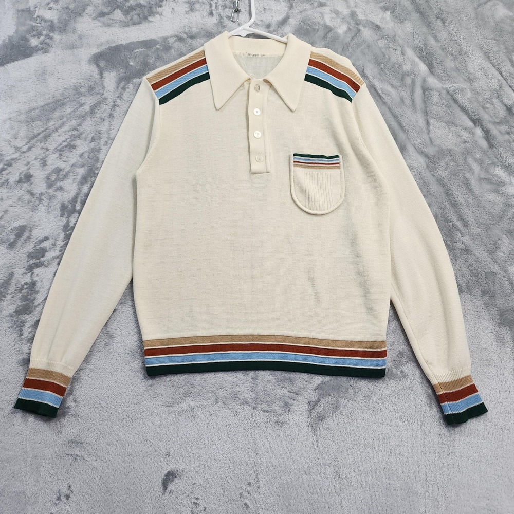 Vintage Sweater Mens S Cream Collared Striped Long Sleeve‎ Pullover Preppy Mod